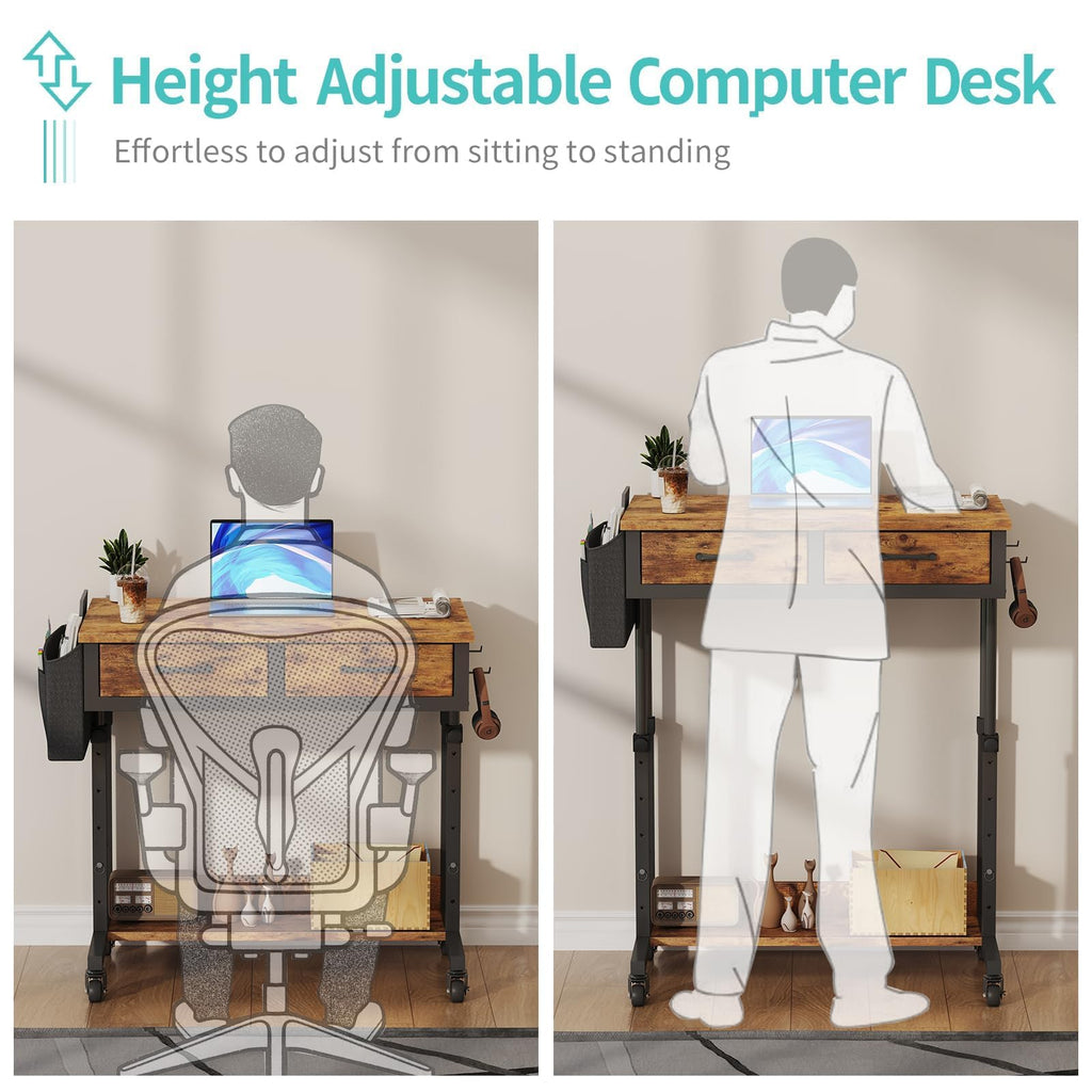 Small Portable Standing Rolling Desk - 32 Inch Adjustable Mobile Stand Up Teacher Desks with 2 Fabric Drawers on