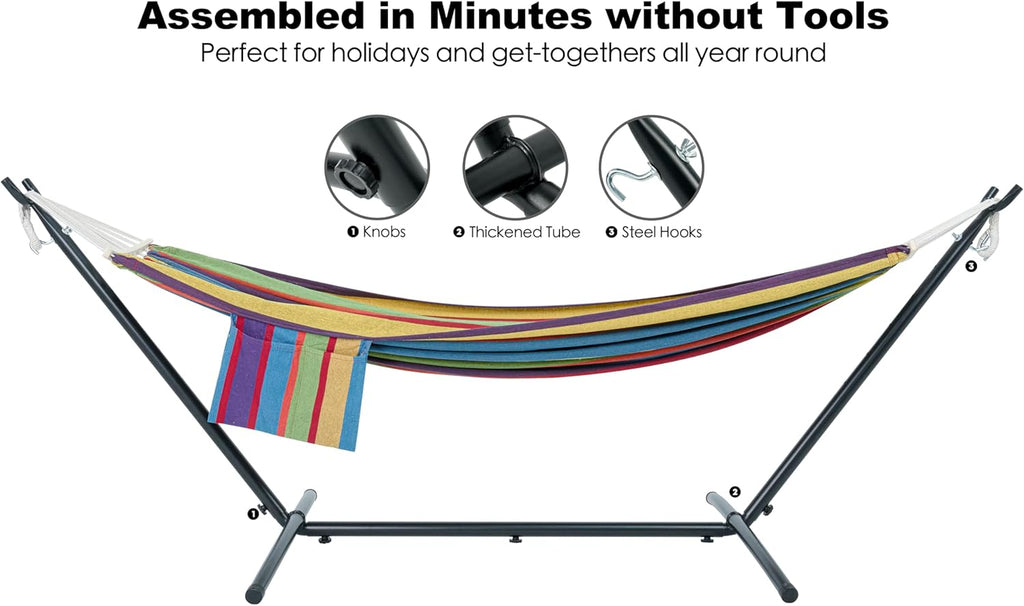 Double Hammock with Stand for Outside, Upgraded Spreader Bar, Heavy Duty Space Saving Steel Stand 2 Person, Side