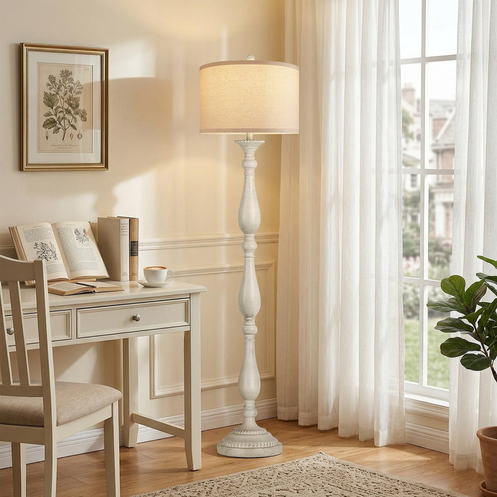 Vintage Floor Lamp, Rustic Farmhouse Standing Lamp with Rotary Switch and Linen Shade, Retro Resin Floor Lamp