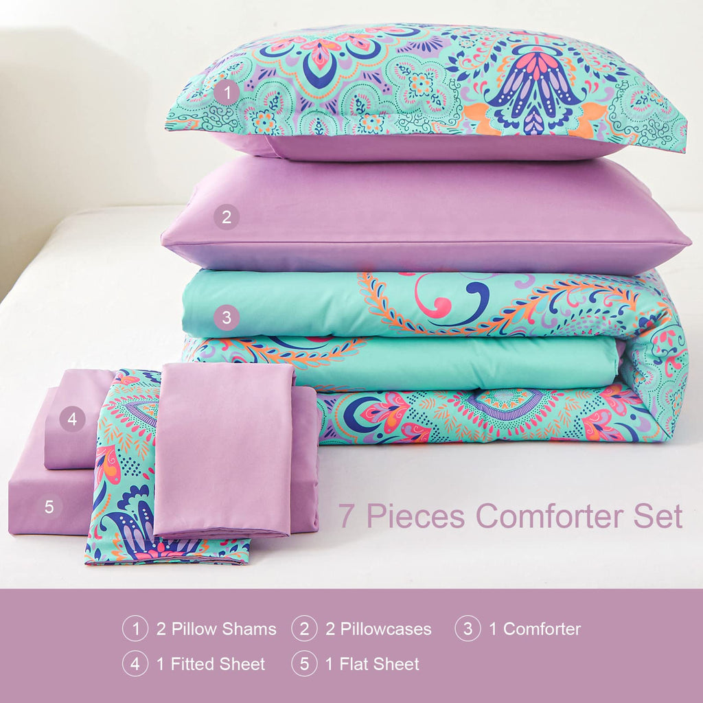 Queen Comforter Set, 7 Piece Bed in a Bag, Boho Aqua and Lilac Damask Medallion Print Comforter with Sheets, Soft