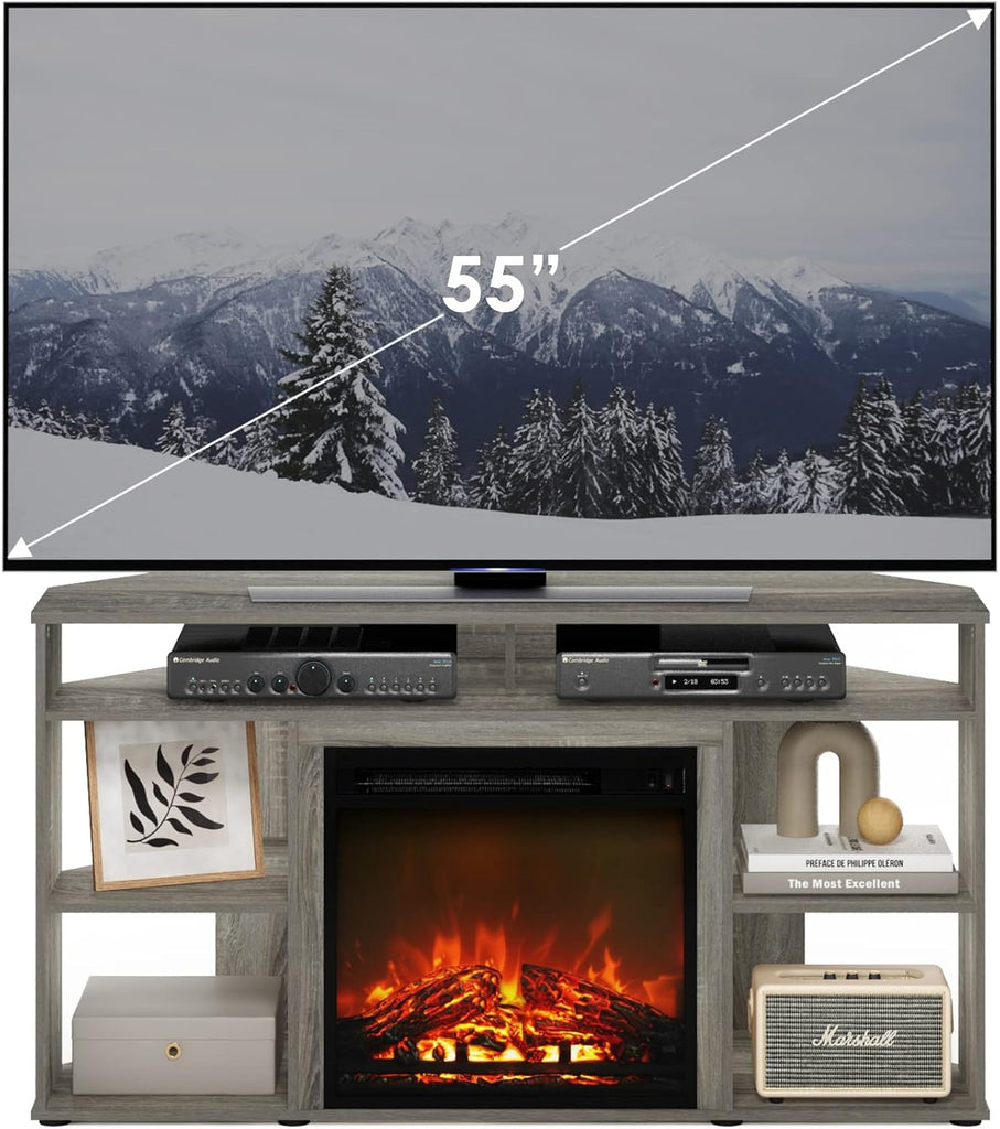 Corner Fireplace TV Stand for TVs up to 55 Inches, Electric Fireplace Entertainment Center with Storage, Grey Finish