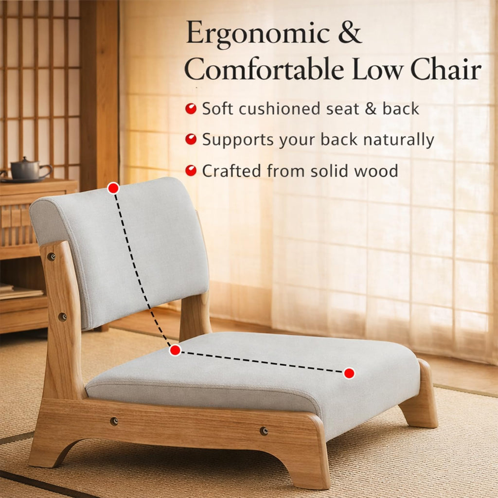 Japanese Floor Chair, Comfy Zaisu Meditation Chair with Back Support, Solid Wood Frame Low Kotatsu Seat, Bay Window