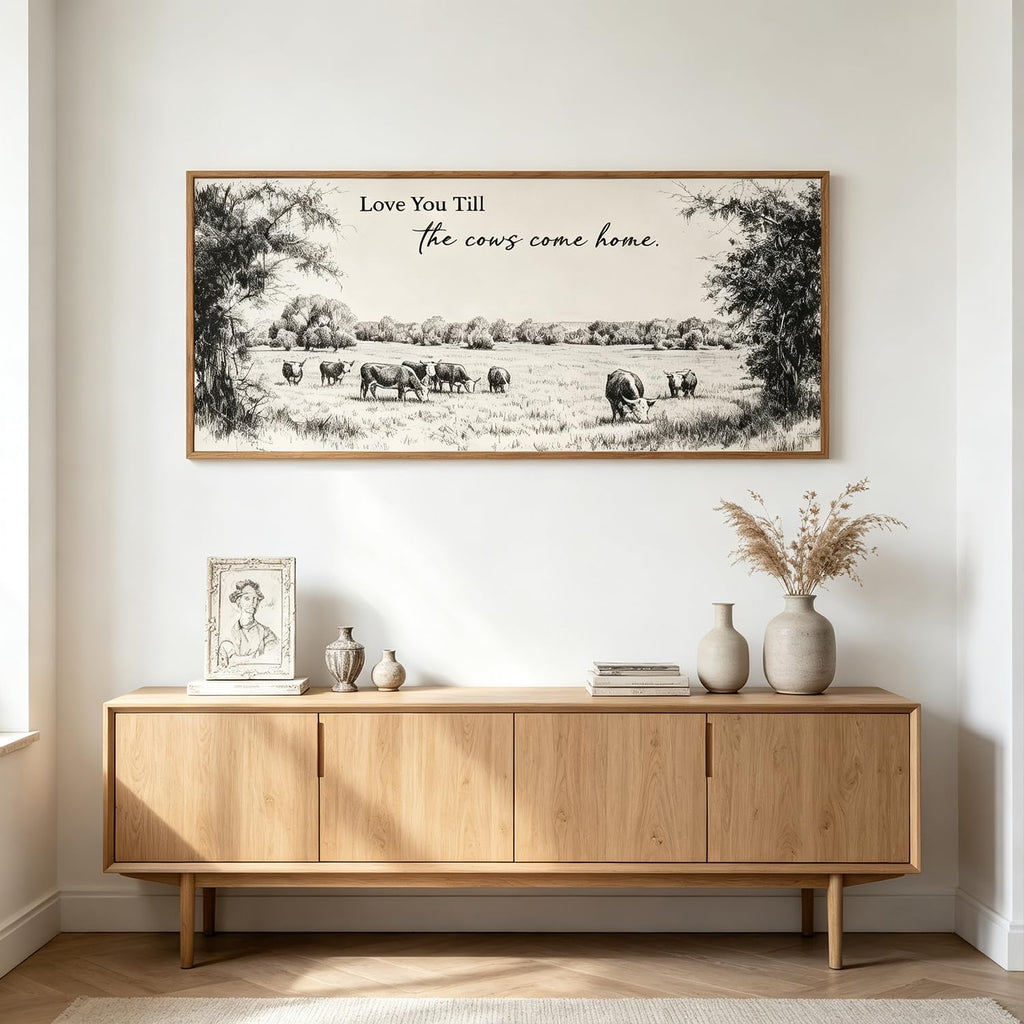 Large Framed Vintage Cow Sketch Farm Canvas Wall Art, Love U Till the Cows Come Home Quote Wall Decor for Farmhouse