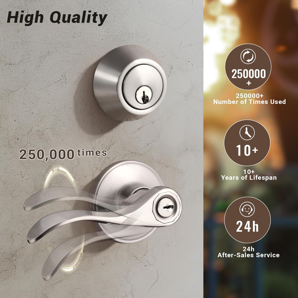 3 Sets of Front Exterior Door Knob Set with Single Cylinder Deadbolts in Satin Nickel Finish, All Keyed Same Combo