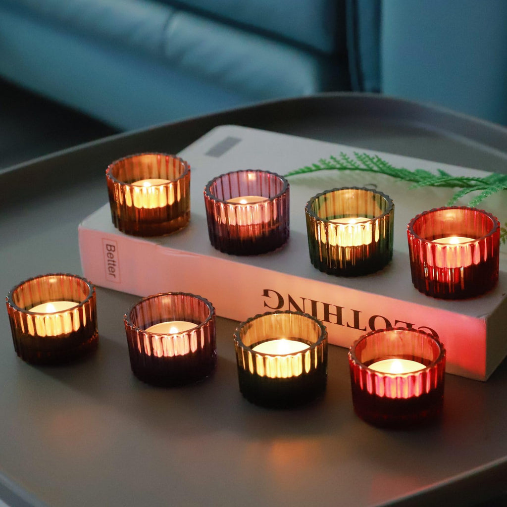 4 Colors Tealight Candle Holder Fall Decor, Set of 12 Glass Votives