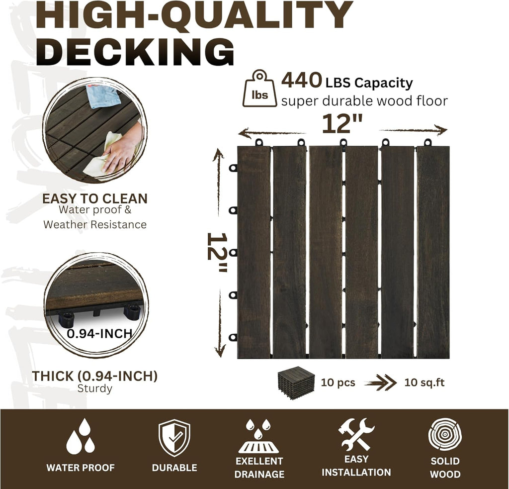 10 Pack of Interlocking Deck Tiles Striped Pattern, 12" x 12" Dark Brown Square Acacia Hardwood Outdoor Flooring for