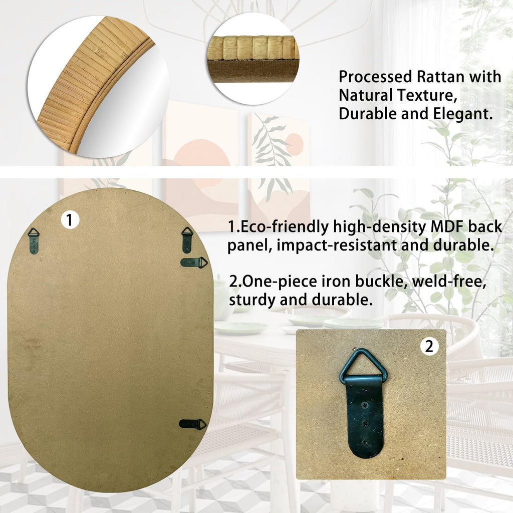20x30 Oval Rattan Mirror for Wall, Boho Decorative Mirror Vanity, Farmhouse & Natural Home Decor
