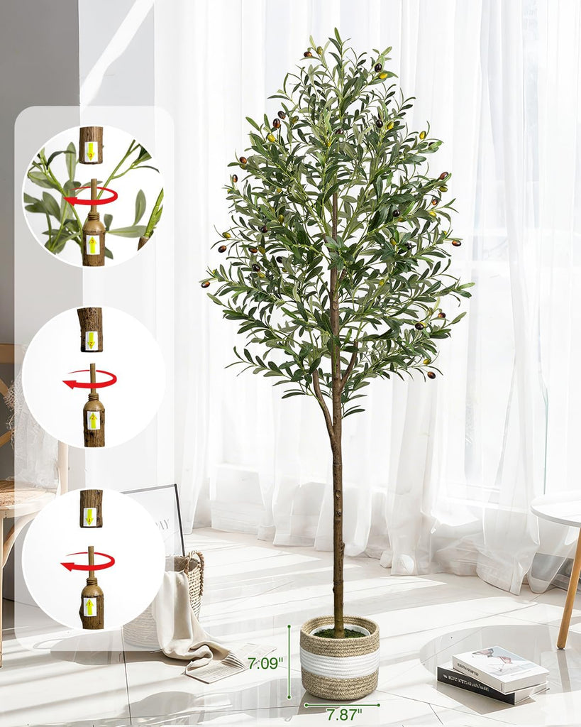 6FT Artificial Olive Tree - Indoor Tall Faux Olive Trees with Planter&Basket, Large Fake Olive Silk Tree Realistic