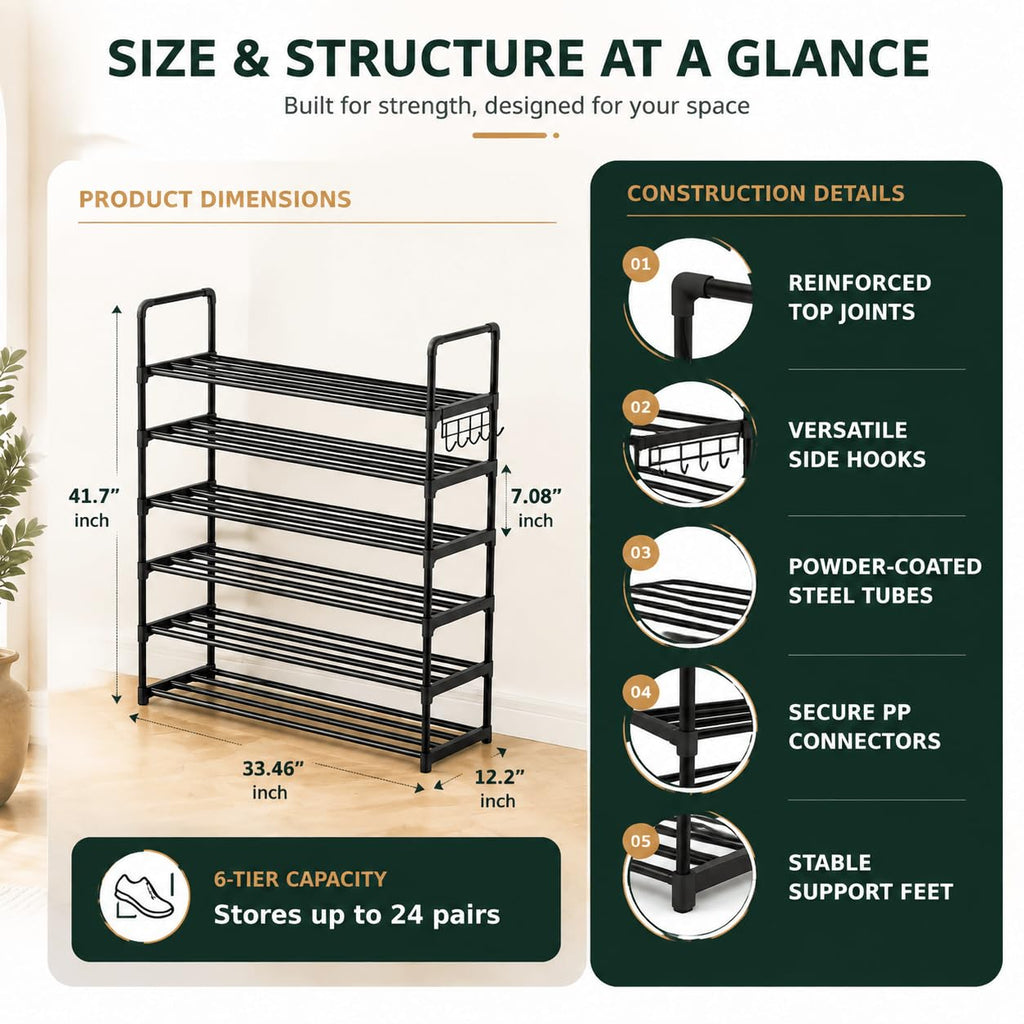 6 Tiers Metal Shoe Rack, Adjustable Shoe Shelf Storage Organizer with Hooks, Stackable Boot & Shoe Storage, Closet, Black
