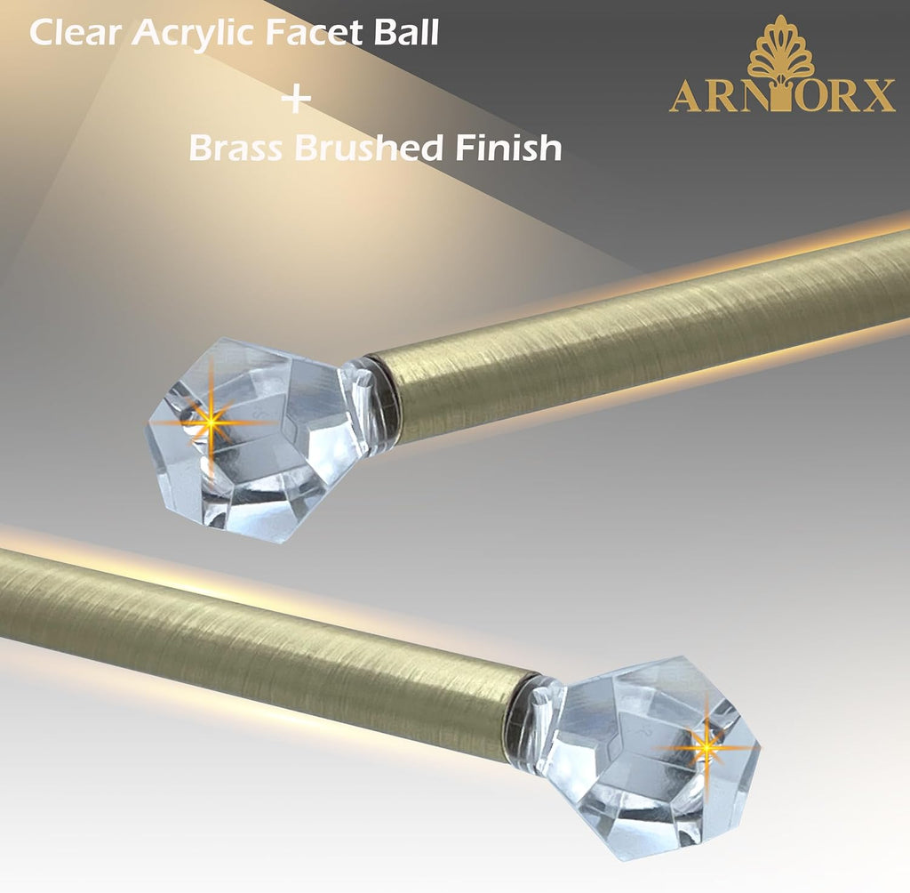 3/8" Sash Curtain Rods with Clear Crystal Ball Finials, for French Door & Sidelights, Brass