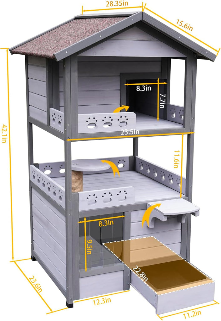 3-Story Wooden Cat House, Indoor/Outdoor Cat Condo with Waterproof Asphalt Roof, PVC Door Curtain, Jumping Platform &
