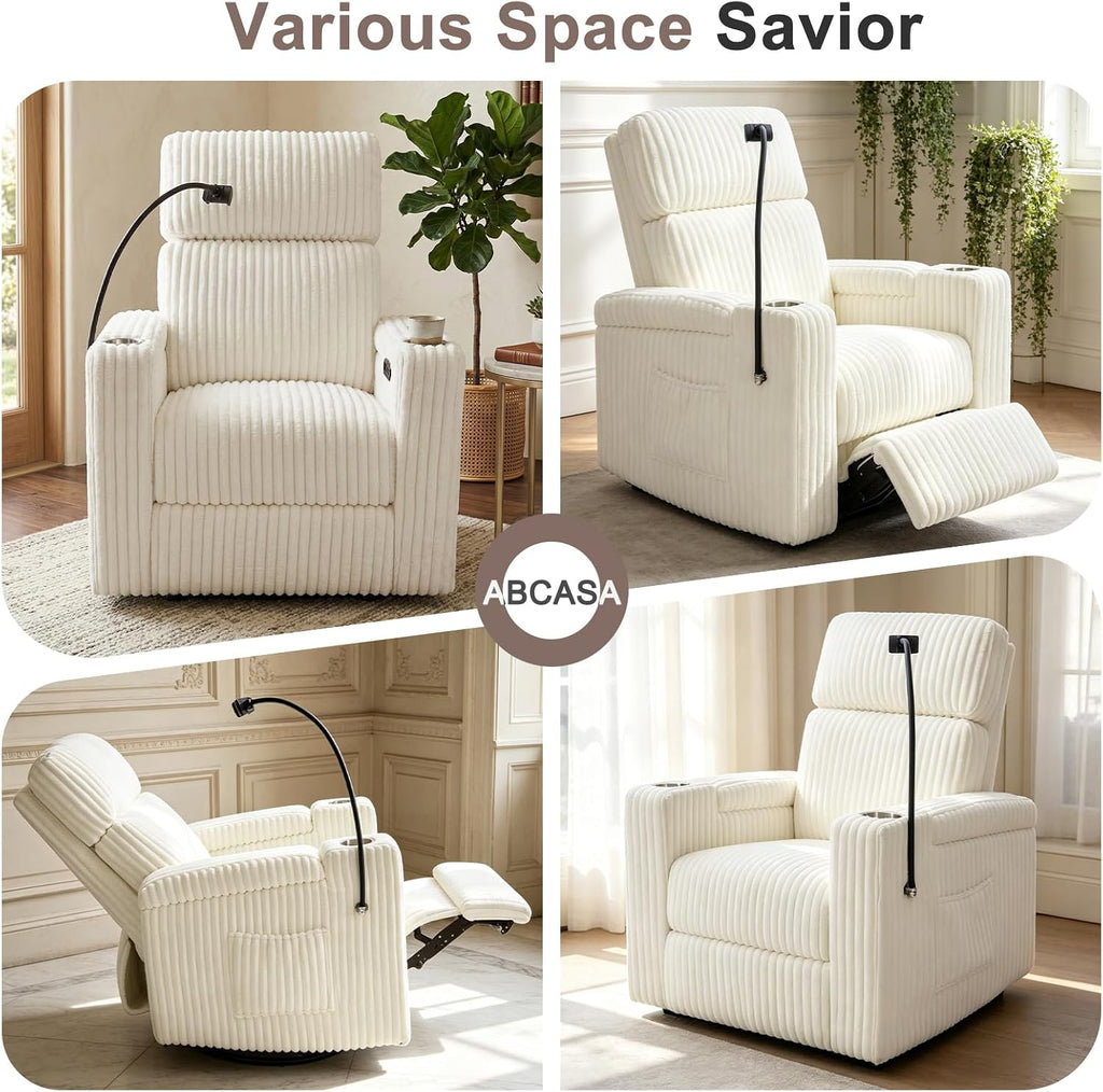 Power Recliner Rocking Chair Nursery, Swivel Glider, White | Premium Corduroy Rocker with USB-A & USB-C Ports, Arm