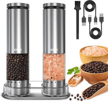 Electric Salt and Pepper Grinder Set Rechargeable, Automatic Salt and Pepper Shakers Mills External Adjustable - Set of 2