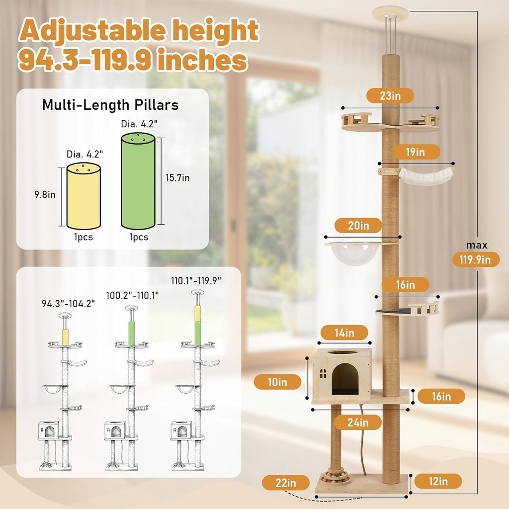 Floor to Ceiling Cat Tree, Tall Wood Pet Tower with Scratching Post