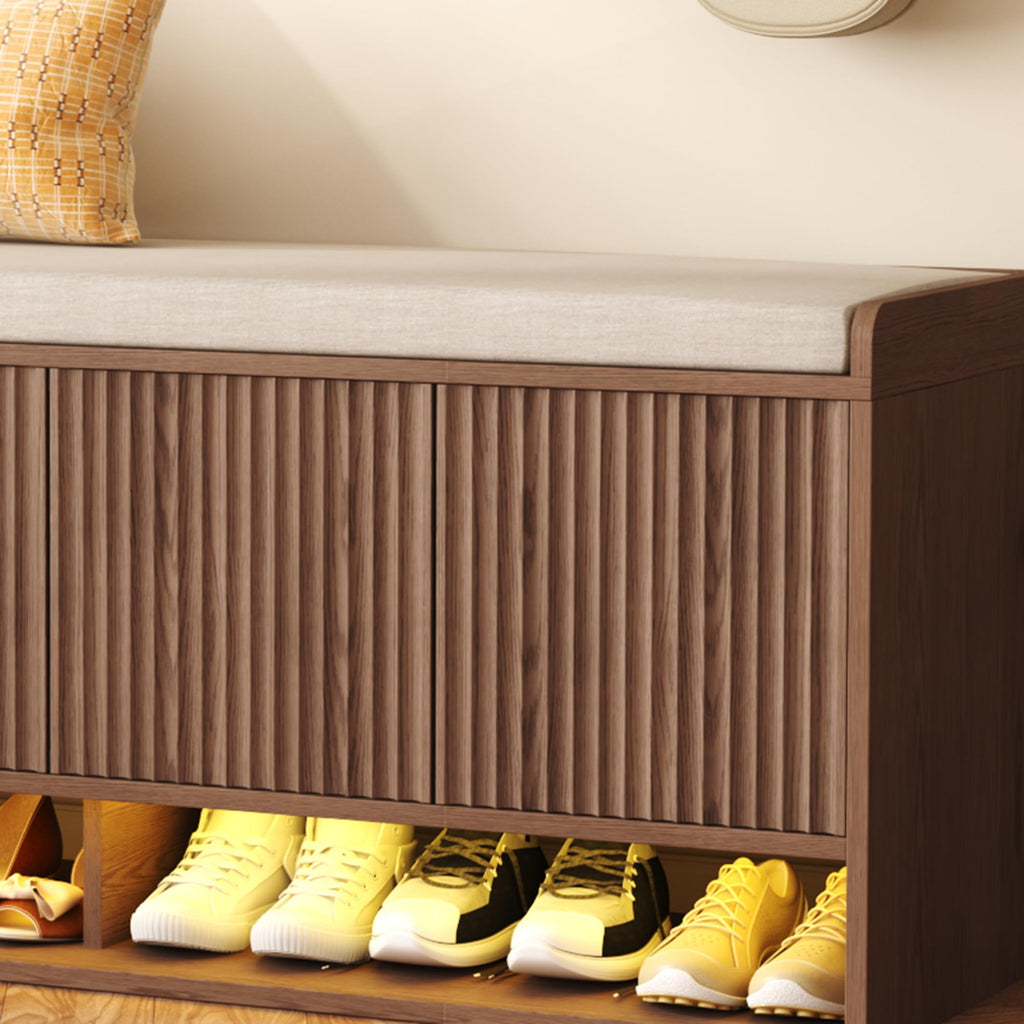 47.2" Fluted Shoe Storage Bench, Entryway Bench with Linen Seat Cushion, Shoe Cabinet Bench with Adjustable Shelf and