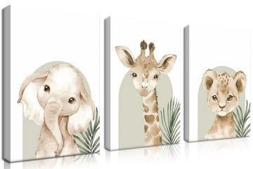 Nursery Wall Decor Set of 3, Cute Animal Lion Elephant Baby Pictures Poster Prints, Giraffe Jungle Canvas Wall Art