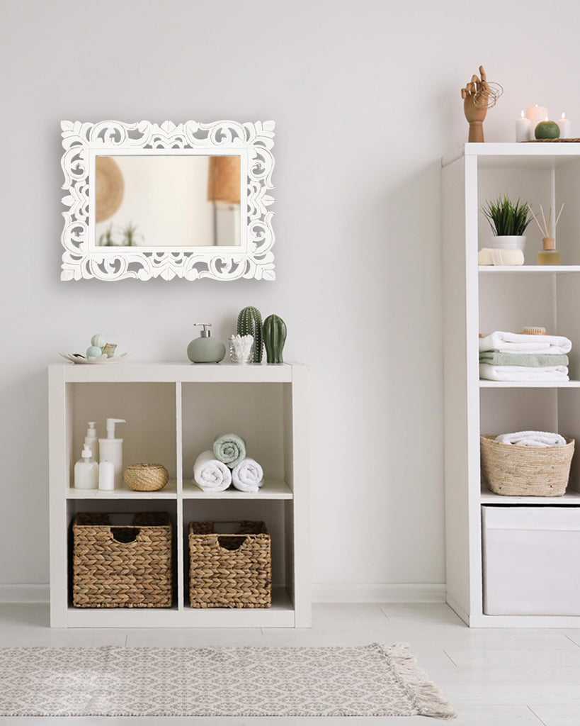 Lightnpro Hand Carved Rectangular Wall Mirror - 18×24 Inch Rustic Farmhouse Wood Frame with Antique White Finish