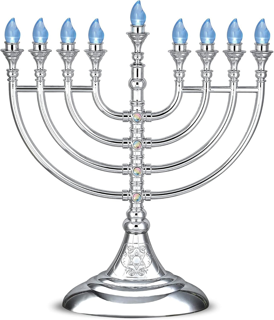 Traditional LED 13" Metallic Silver Battery or USB Powered Chanukiah with 4' USB Cable Electronic Chanukah Minorah