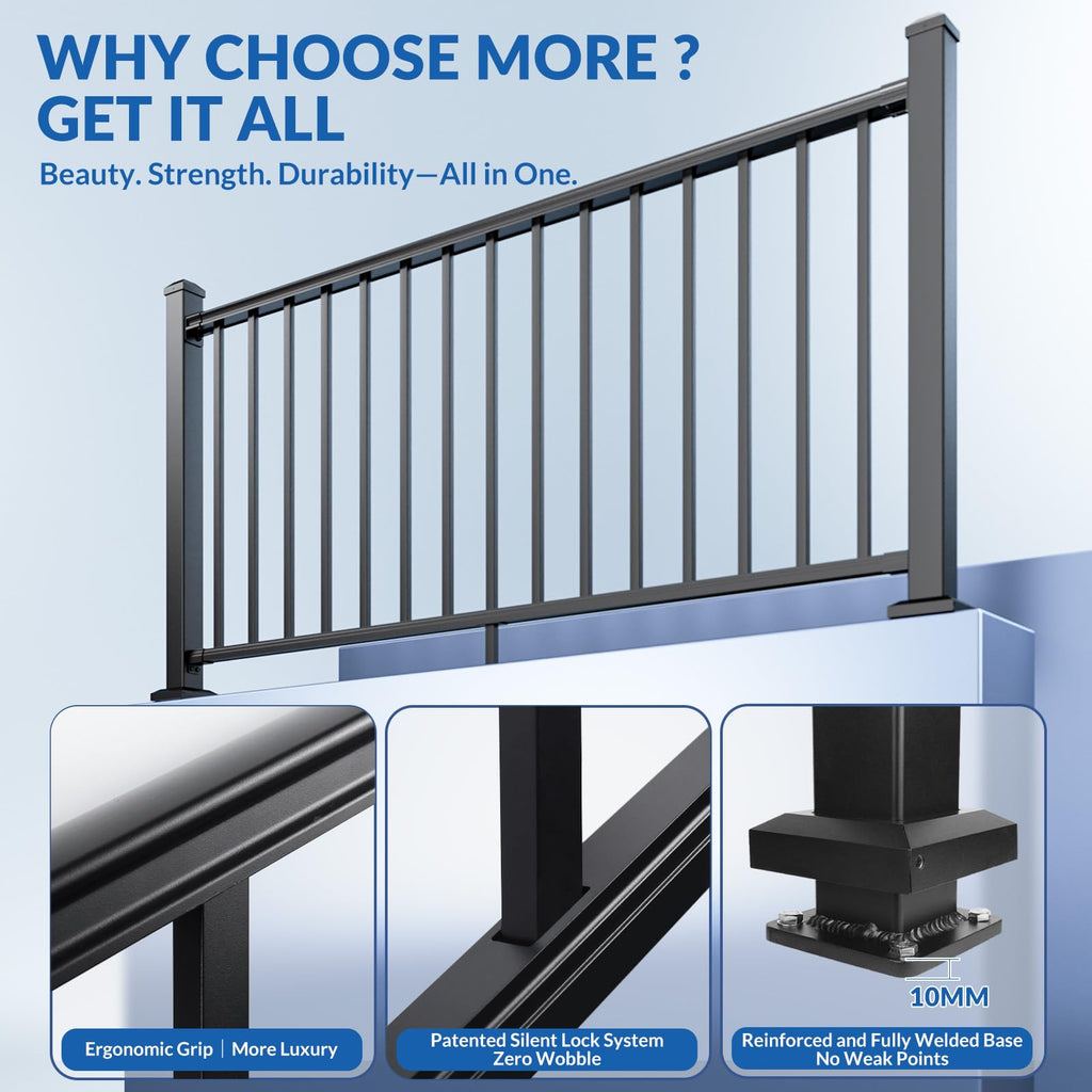36in x 12ft Modular Aluminum Porch and Deck Railing Kit with 3 Post
