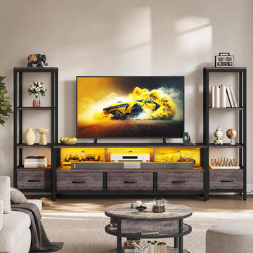 Industrial LED TV Stand for 65 Inch TVs, Bookshelves, Grey