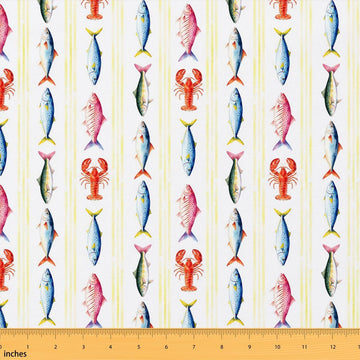 Fish Lobster Fabric by The Yard, Classic Stripe Soft Polyester Fabric, Underwater Sea Wild Animals Ocean No Stretch