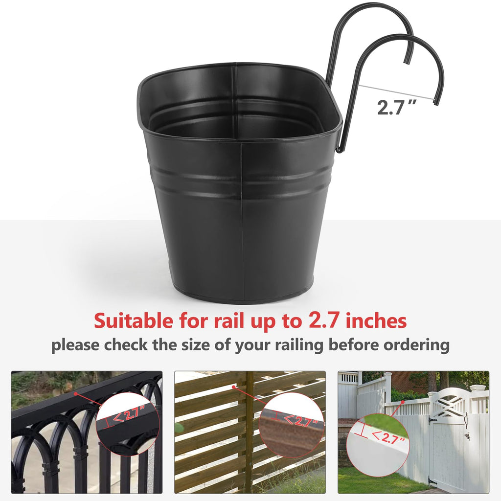 15 Inches Railing Planter Box 4 Pcs Metal Hanging Flower Pots, Black