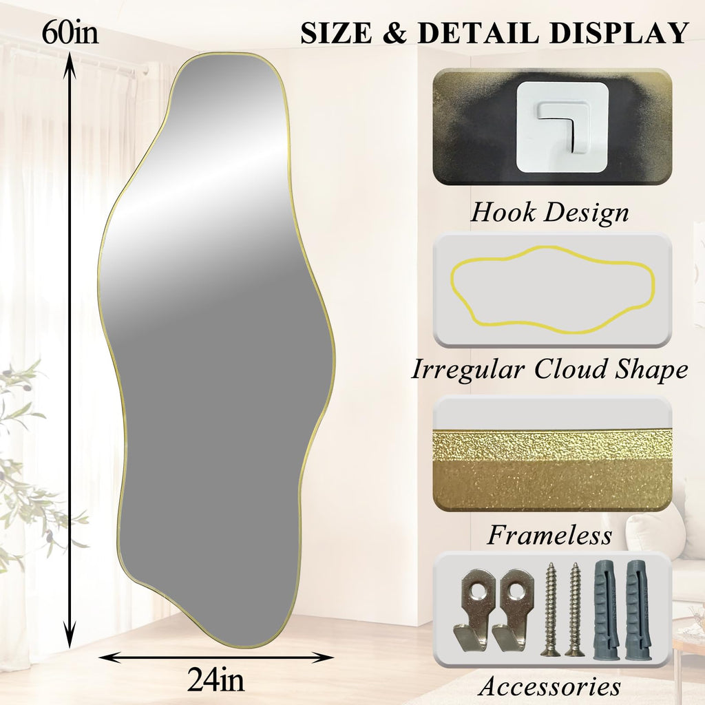 60"x24" Large Irregular Wall Mirror, Abstract Frameless Mirror