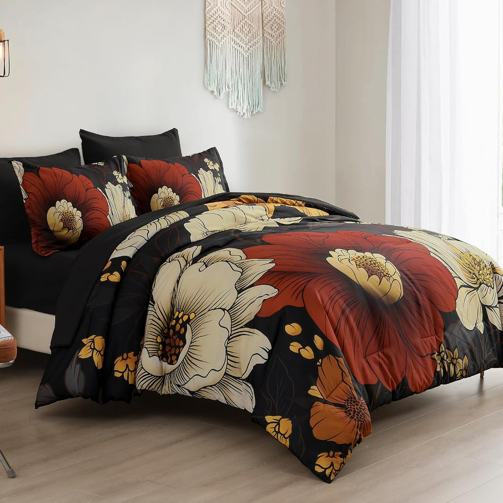 Xruibed Black Floral Comforter Set Queen 7 Pieces Bed in a Bag Flower Bedding Sets Lightweight Boho Bed Set with