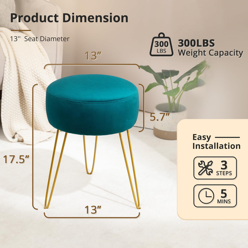Vanity Stool, Teal Vanity Stools for Makeup Room, Round Ottoman Foot Stool, Velvet Footrest Vanity Chair Vanity