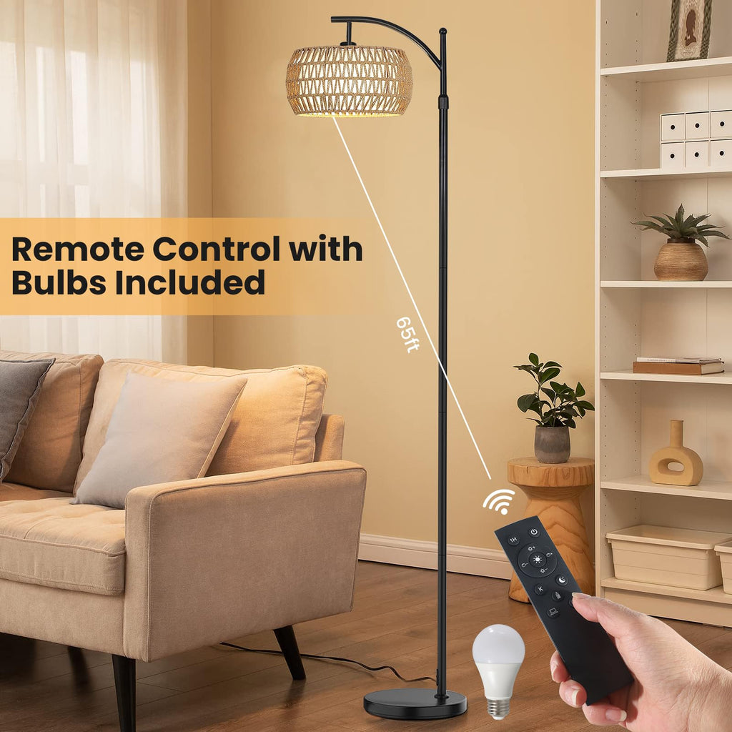 Arc Floor Lamp, Farmhouse Floor Lamps with Remote Control & Dimmable Bulb, Boho Rattan Tall Standing Lamp Office