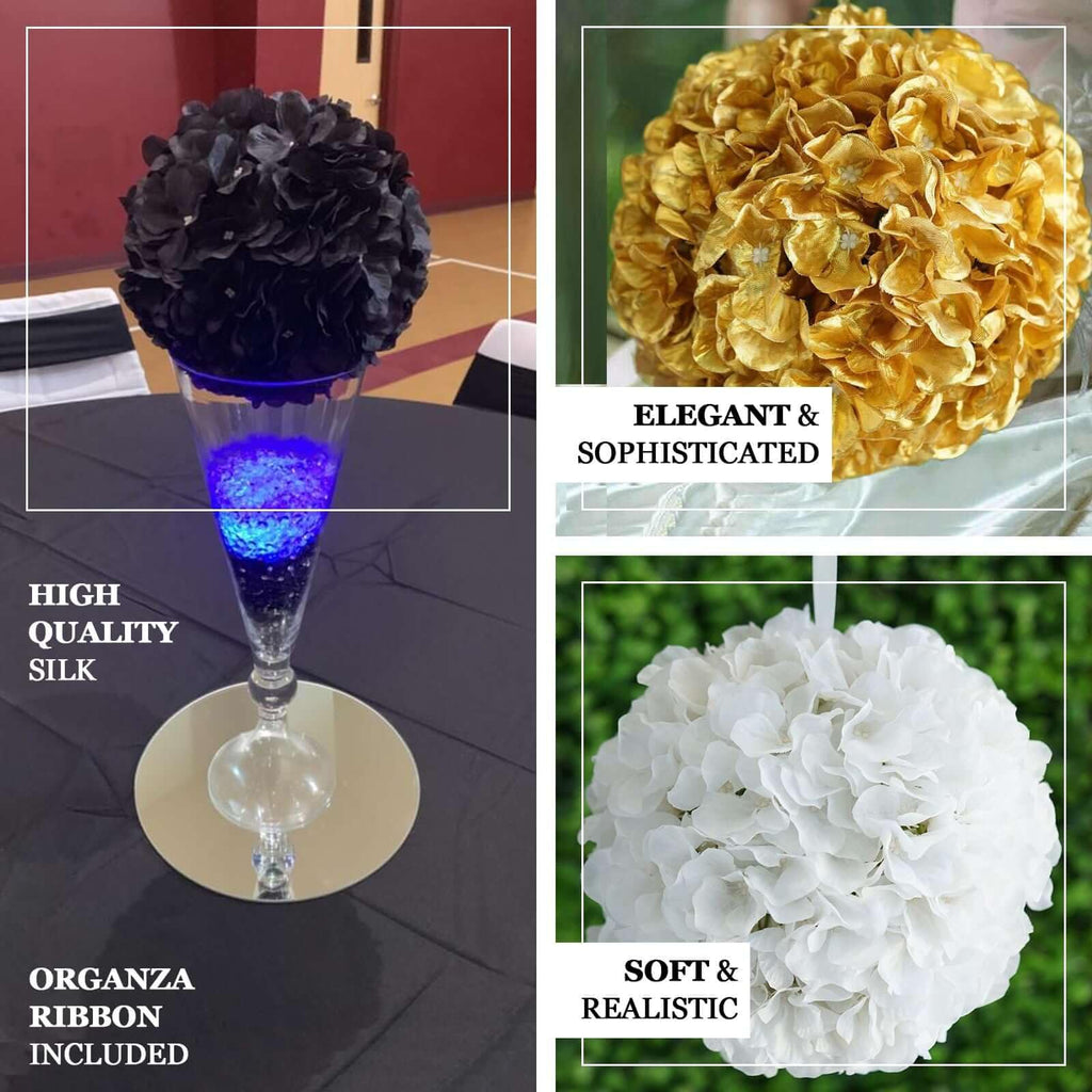 4 Pack 7" Black Silk Hydrangea Kissing Balls - Artificial Pomander Hanging Flower Globes with Ribbon for Wedding