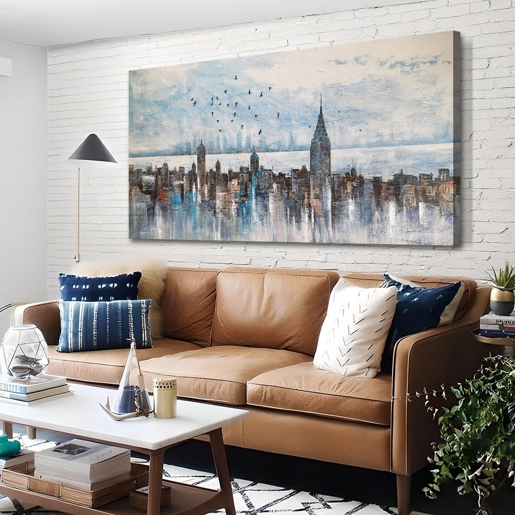 Cityscape Wall Art New York City Skyline Canvas Picture Living Room, Modern Abstract Grey NYC Painting Framed Artwork
