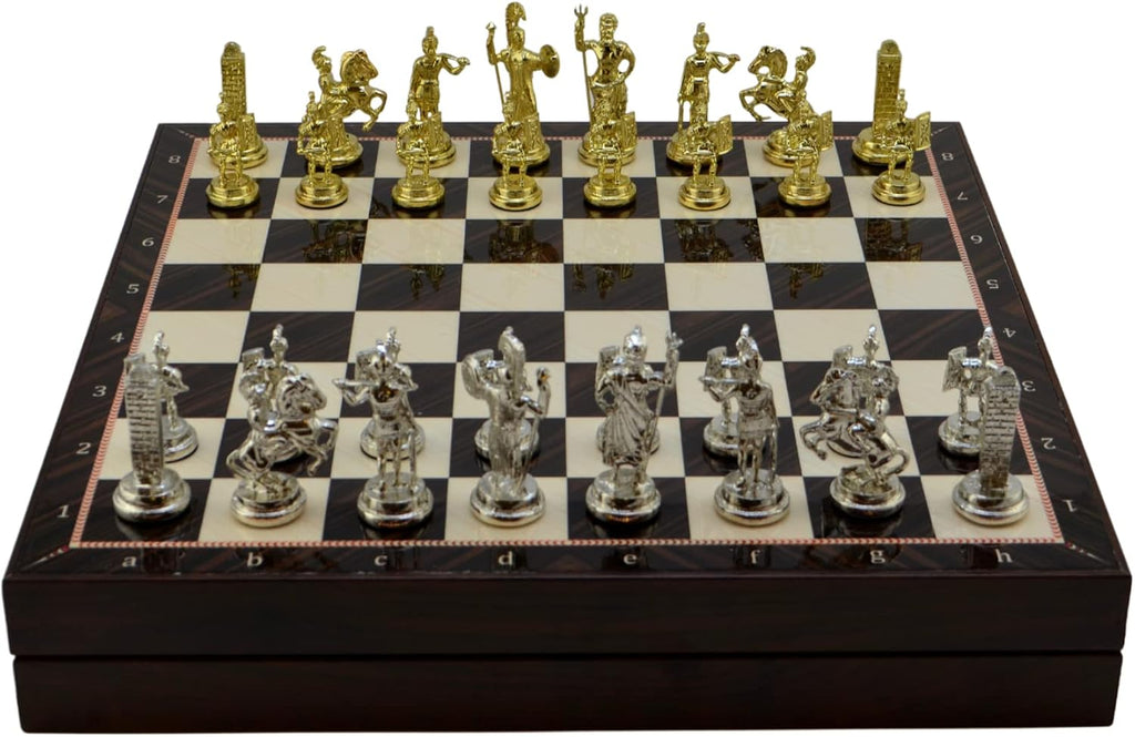 Metal Chess Set for Adults Greek Figures,Handmade Pieces and Different Design Wooden Chess Board with Storage (Walnut)