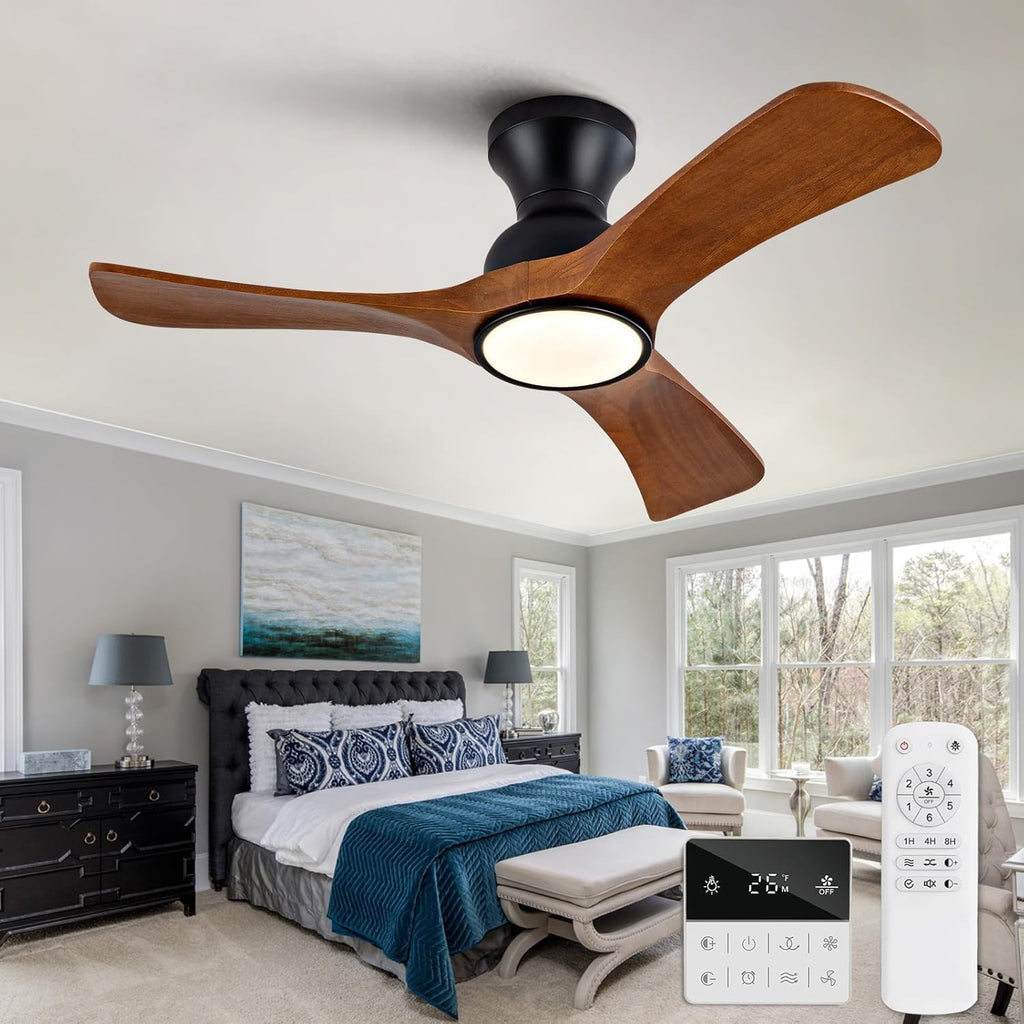 36 inch Flush Mount Ceiling Fans with Lights,Remote Control,Wall Switch,Solid Wood Blades,Dimmable,Reversible,Noiseless, Low Profile Black Ceiling Fan for Bedroom Patio Indoor/Outdoor A600-B0FKZB9PM6