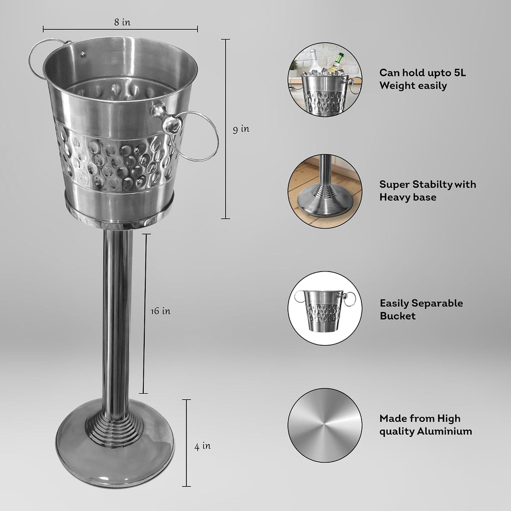 Deep Hammered Brushed Nickel Plated Majestic Wine & Ice Bucket with Steel Bucket Stand | Wine Chiller On Stand
