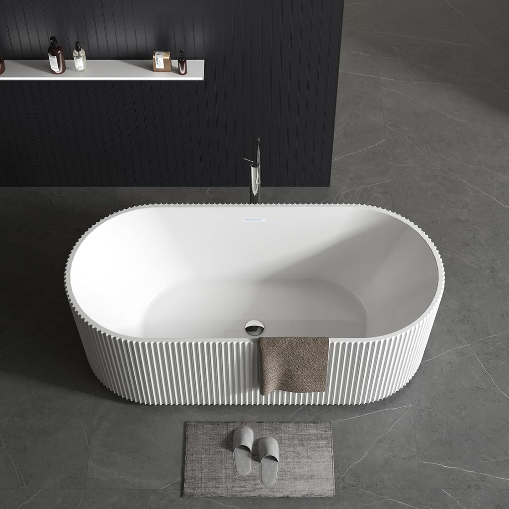 59 Inch Acrylic Freestanding Bathtub, Deep Soaking Tub with Non-Slip Base, cUPC Certified Free Standing Tub, Chrome