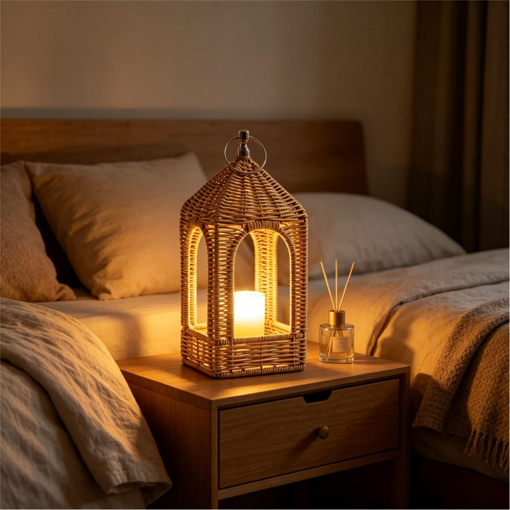 Handmade Artificial Rattan Candle Lantern, Boho Woven Decor Lantern