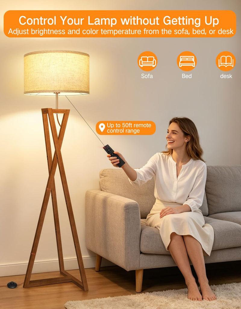 62" Wood Tripod Floor Lamp, Dimmable Mid Century Modern Vintage Lamps with Remote Control, 4 Color Temperature, LED