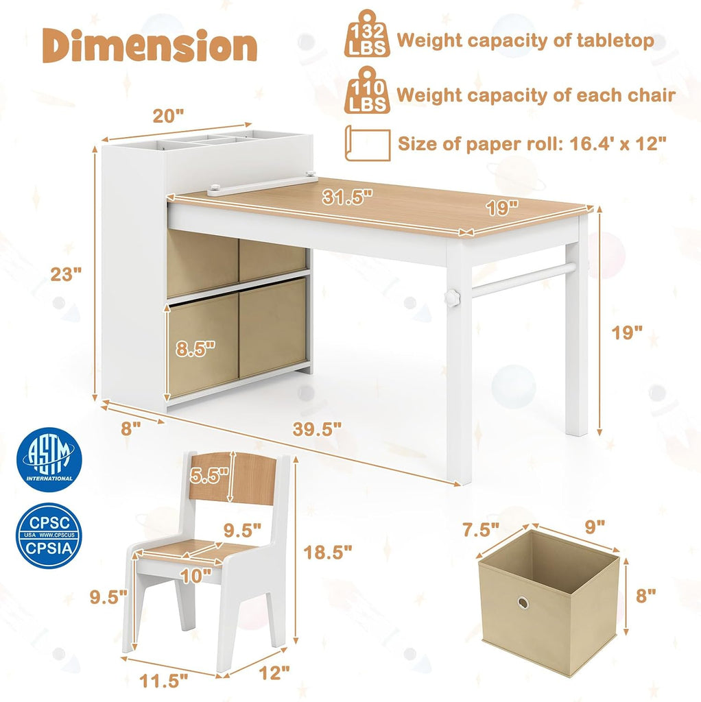 Kids Art Table and Chair Set with Storage and Paper Roll, Natural