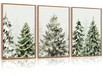 Framed Christmas Tree Wall Art, Winter Snow Forest Pine Tree Decor