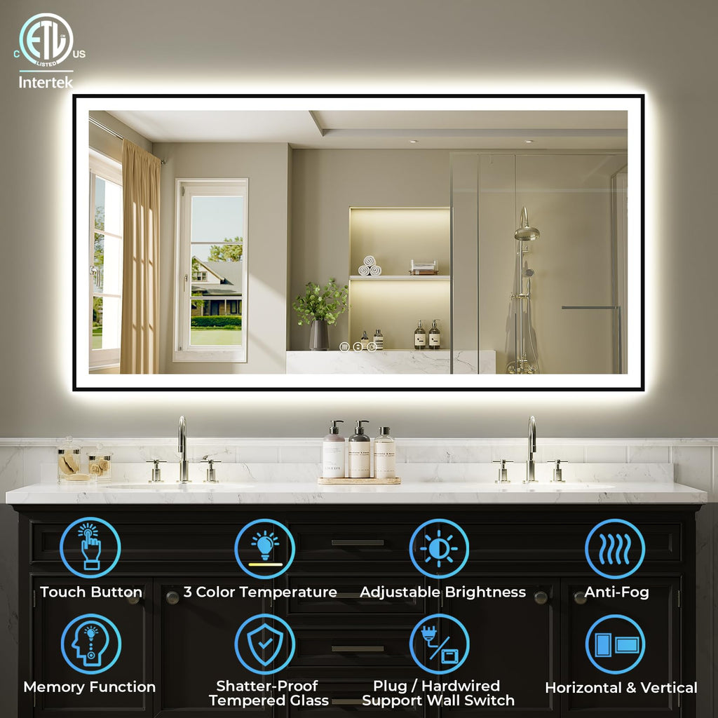 72x36 LED Bathroom Mirror with Lights, Black Framed Lighted Mirror