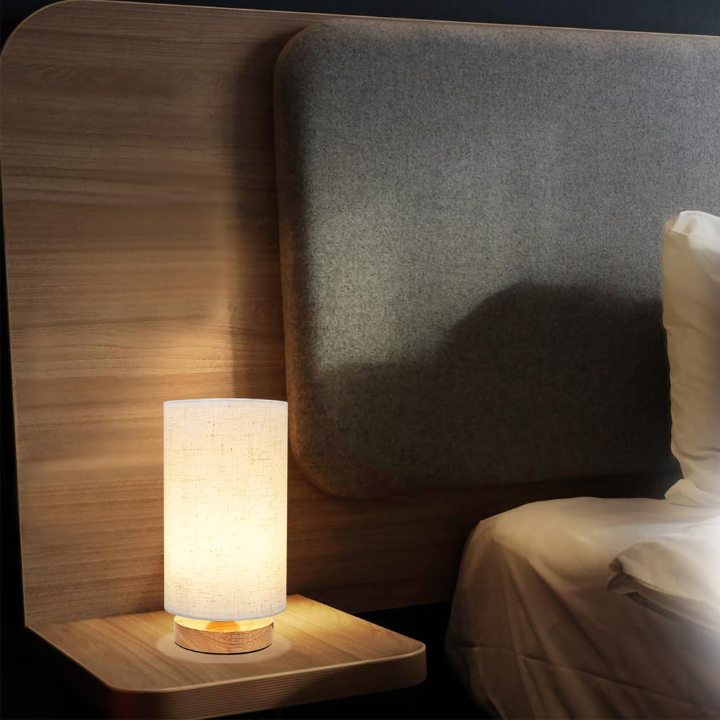 Small Bedside Table Lamp set of 2, Minimalist Wood Base & Round Fabric Shade, Mini Cute Cozy Warm Nightstand Boho Lamp