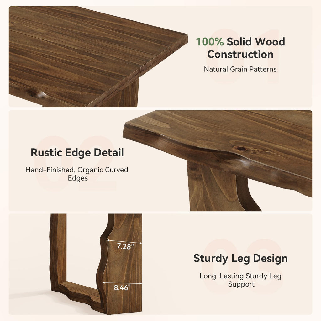 63" Live Edge Solid Wood Dining Table, Modern Rustic Kitchen Table with Sculptural Legs, 6-Person Rectangular Dinner