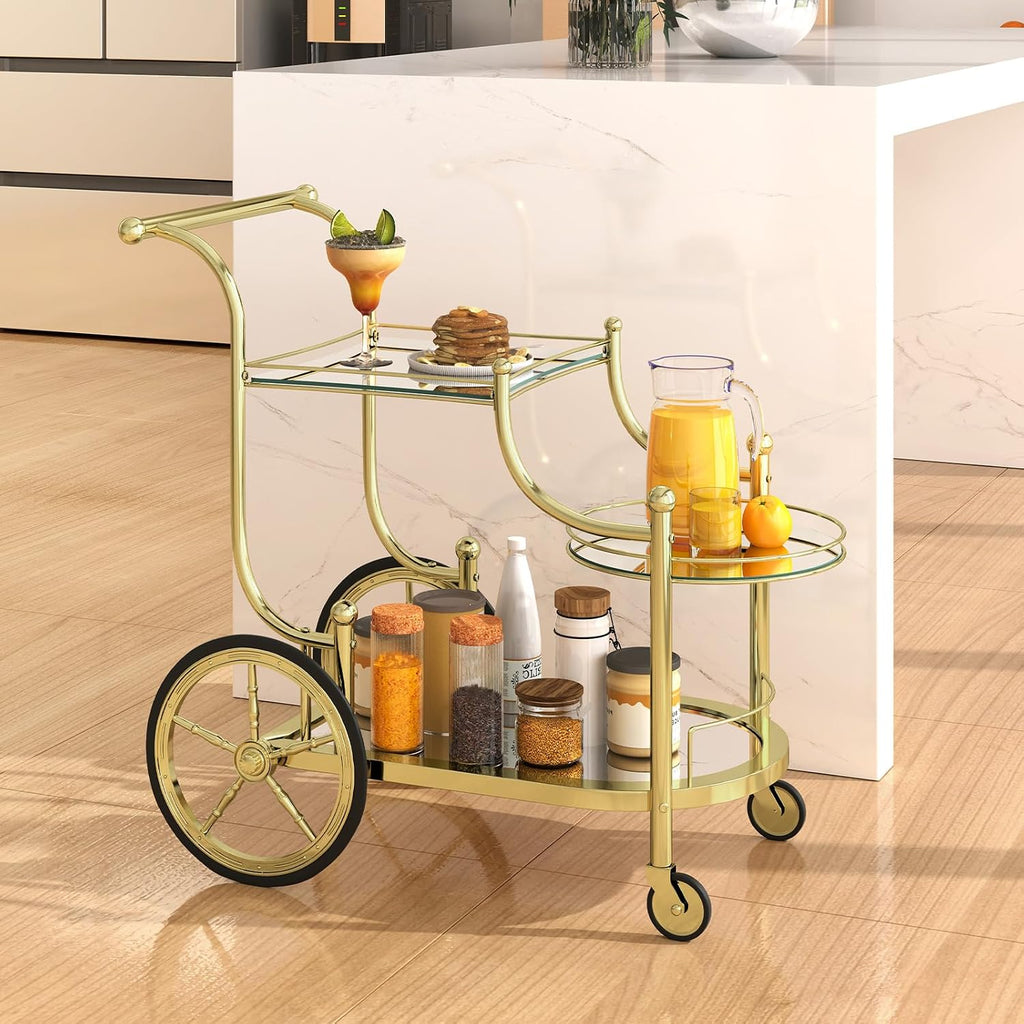 Glass Rolling Bar Cart, 3-Tier Mirrored Serving Bistro Cart with Wheels and Metal Rails, Mobile Wine Drink Cart