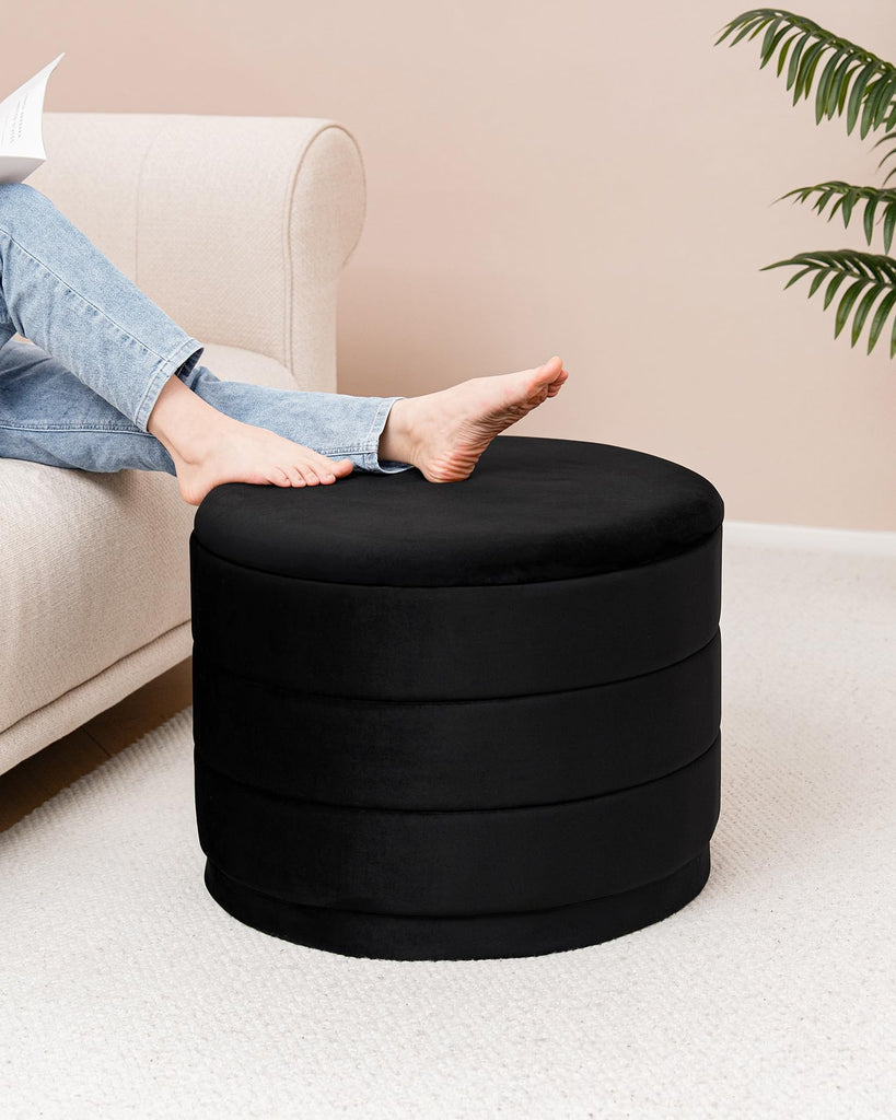 22.8" Round Velvet Storage Ottoman with Tray, Black