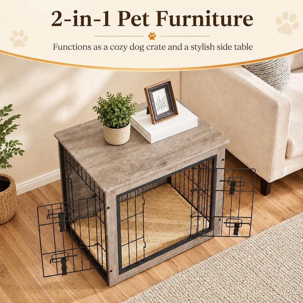 27.5in Wooden Dog Crate Furniture w/Cushion for Small Dogs, Gray