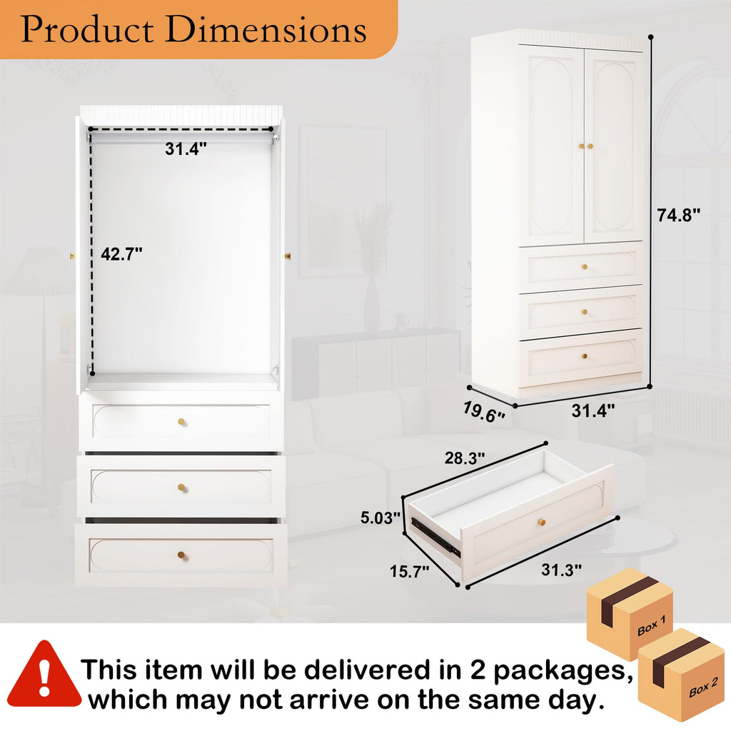 White Wooden Wardrobe Closet with 3 Drawers, 75" Tall x 32" Wide