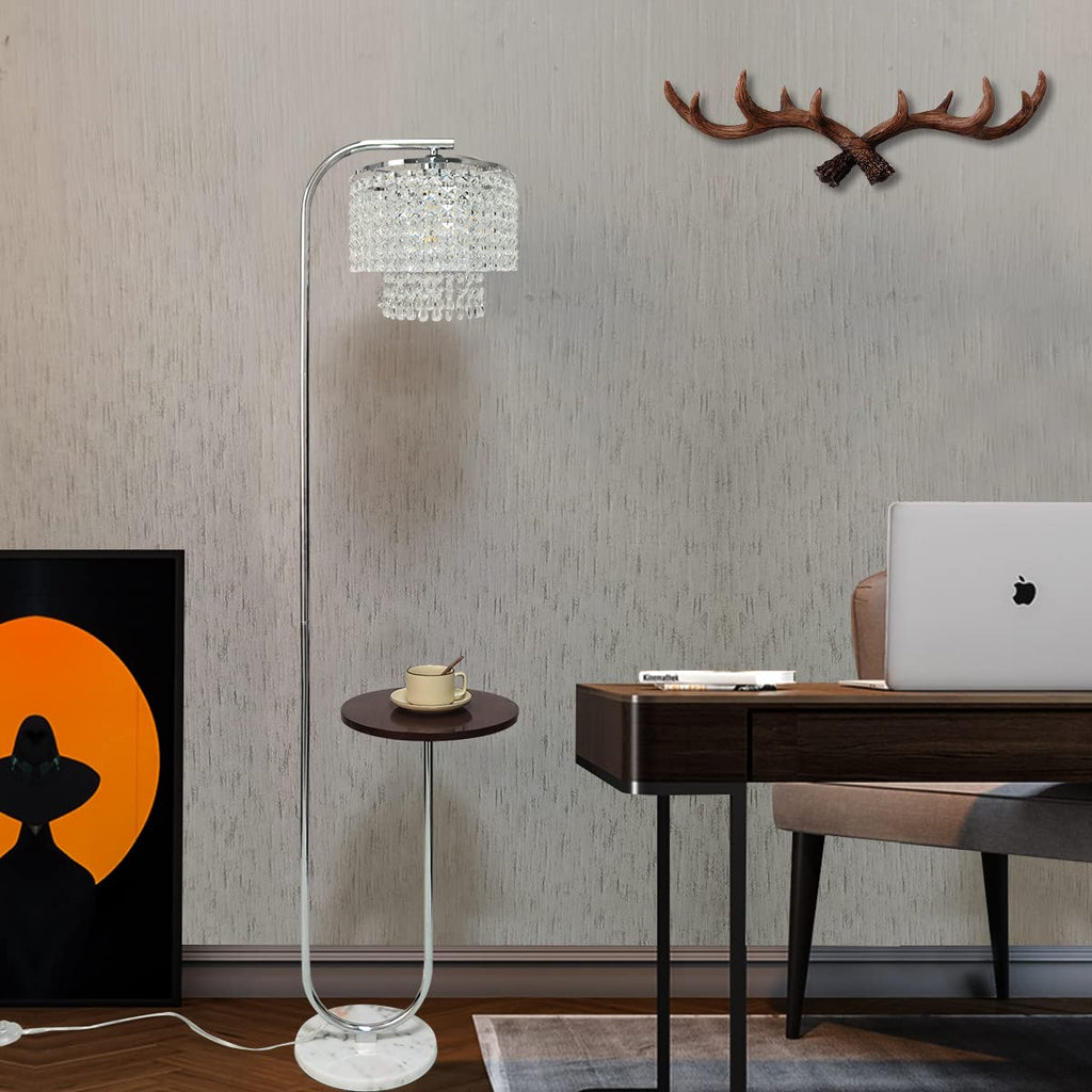 Arc Crystal Floor Lamp - Marble Base Modern Tall Stand Up Light with Table, Contemporary Over the Couch Chrome Lamp