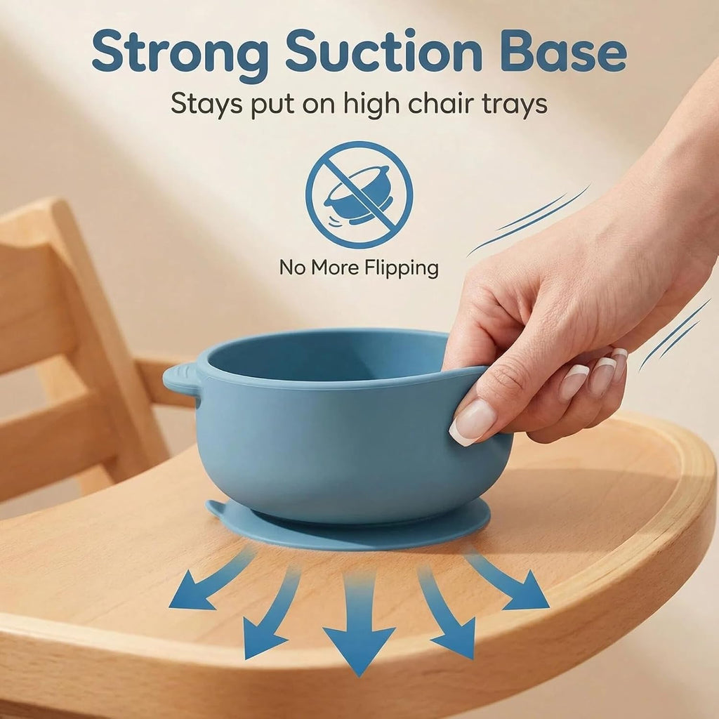 Feeding Set, 9 Pieces with Suction Bowl, Divided Plate, Sippy Cup, Bib, Spoons, Forks, Sage Green, BPA Free (Blue)