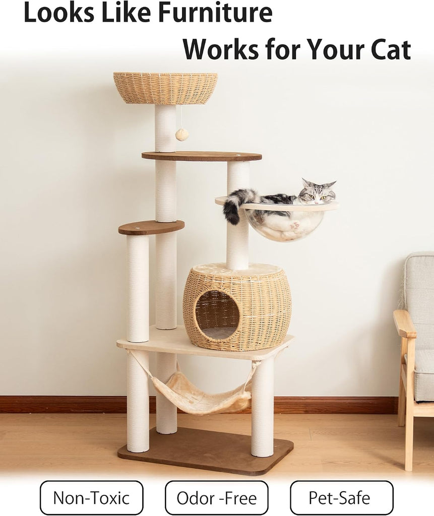 56.6" Velvet Cat Tree Tower with Woven Condo, Clear Bowl & Hammock